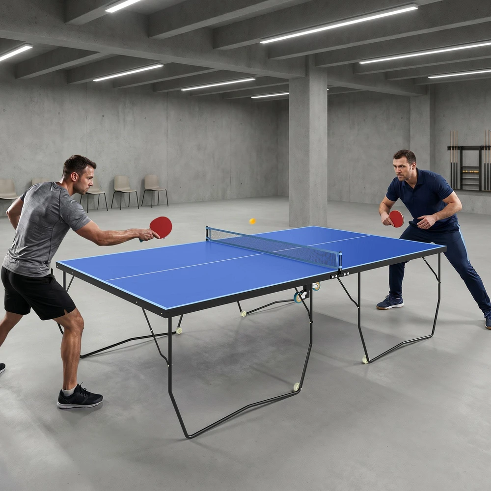 SPORTNOW lauko stalo teniso stalas, sulankstomas stalo teniso stalas su tinklu, ratukais, 2 stalo teniso raketėmis, 3 kamuoliukais, plieno, mėlynas, 274x152,5x76 cm