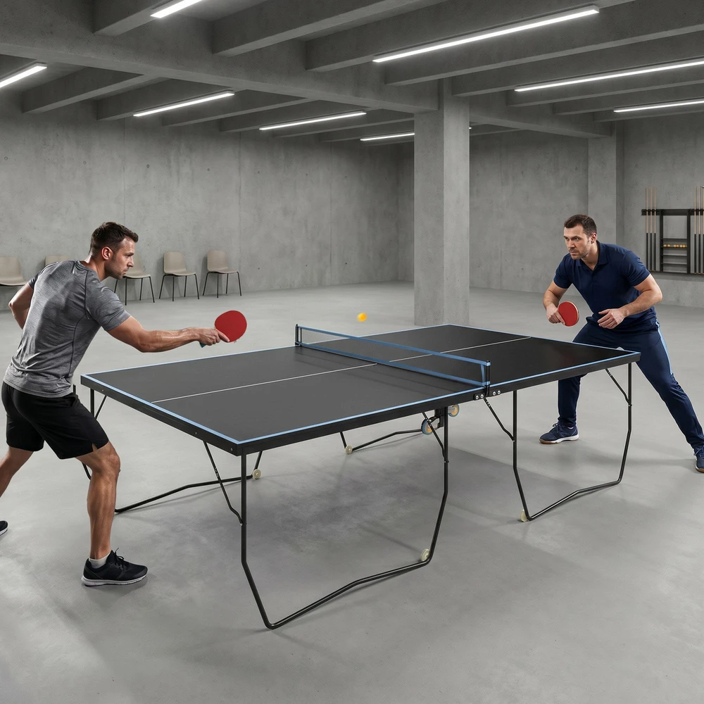 SPORTNOW lauko stalo teniso stalas, sulankstomas stalo teniso stalas su tinkleliu, ratukais, 2 raketėmis ir 3 kamuoliukais, plieno, juodas, 274 x 152,5 x 76 cm
