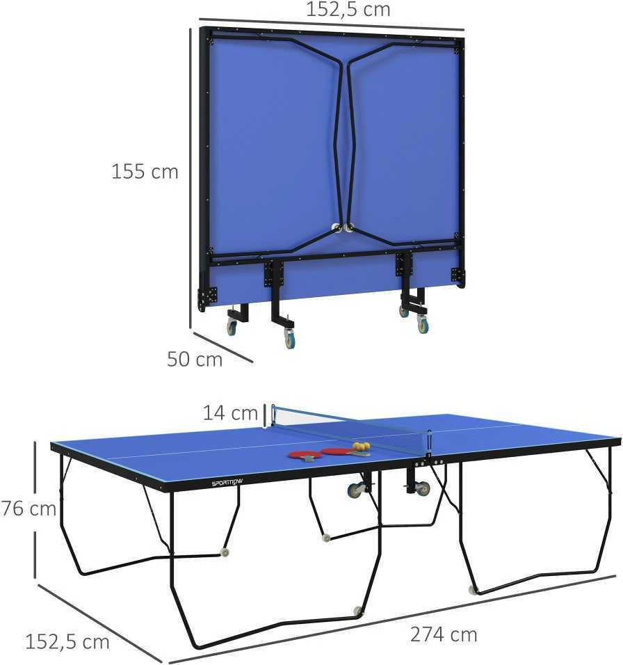SPORTNOW lauko stalo teniso stalas, sulankstomas stalo teniso stalas su tinklu, ratukais, 2 stalo teniso raketėmis, 3 kamuoliukais, plieno, mėlynas, 274x152,5x76 cm