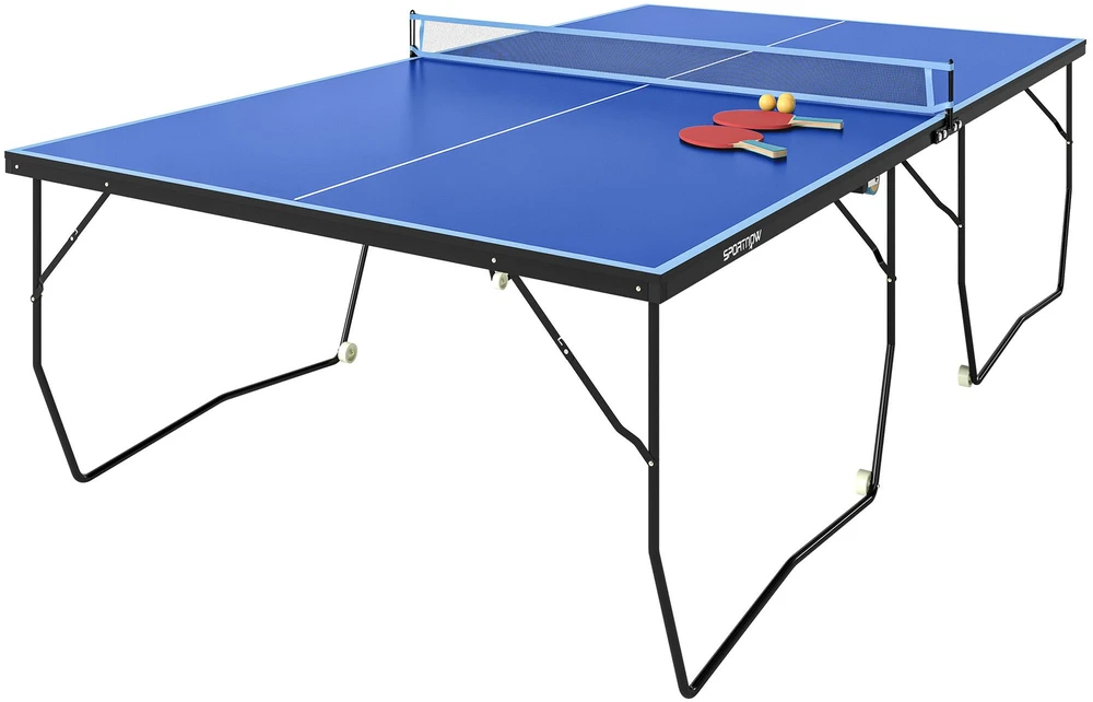 SPORTNOW lauko stalo teniso stalas, sulankstomas stalo teniso stalas su tinklu, ratukais, 2 stalo teniso raketėmis, 3 kamuoliukais, plieno, mėlynas, 274x152,5x76 cm