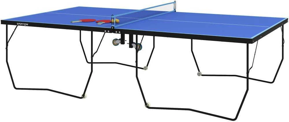 SPORTNOW lauko stalo teniso stalas, sulankstomas stalo teniso stalas su tinklu, ratukais, 2 stalo teniso raketėmis, 3 kamuoliukais, plieno, mėlynas, 274x152,5x76 cm