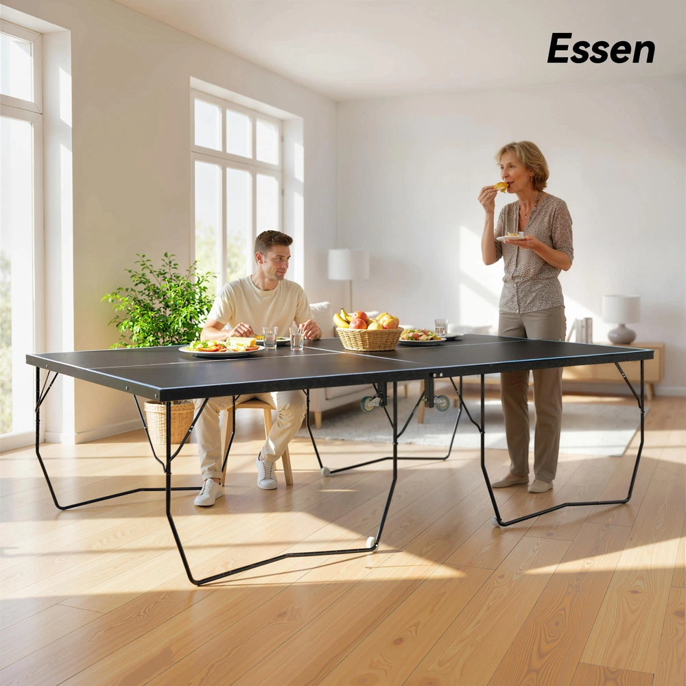SPORTNOW lauko stalo teniso stalas, sulankstomas stalo teniso stalas su tinkleliu, ratukais, 2 raketėmis ir 3 kamuoliukais, plieno, juodas, 274 x 152,5 x 76 cm