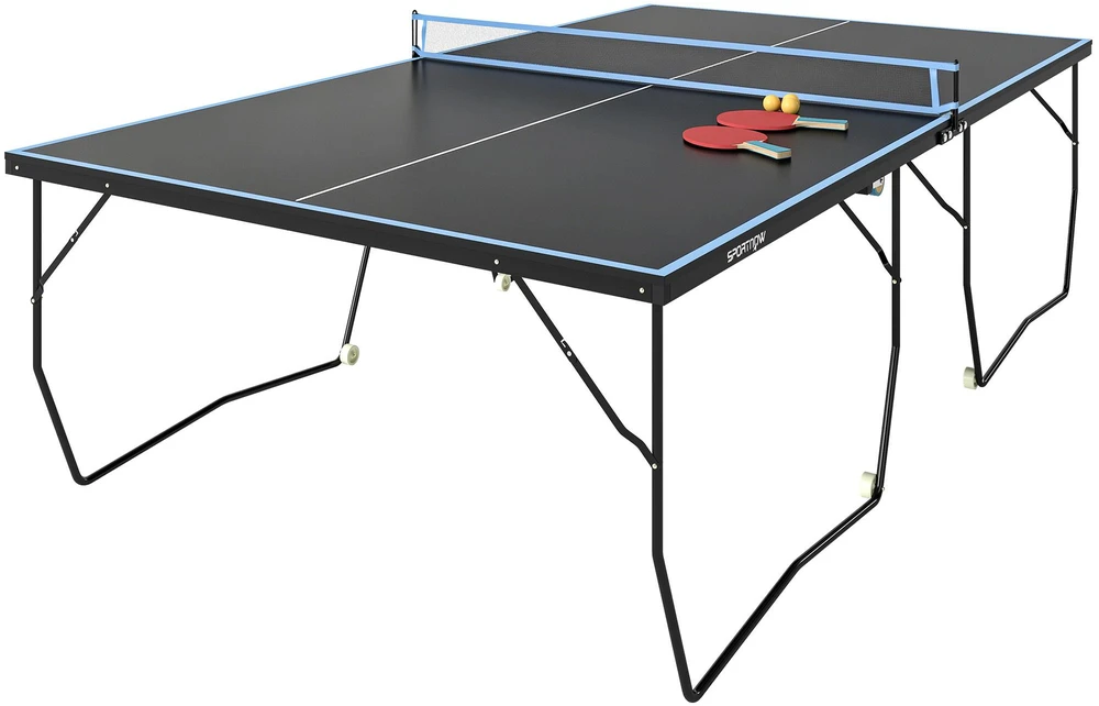 SPORTNOW lauko stalo teniso stalas, sulankstomas stalo teniso stalas su tinkleliu, ratukais, 2 raketėmis ir 3 kamuoliukais, plieno, juodas, 274 x 152,5 x 76 cm