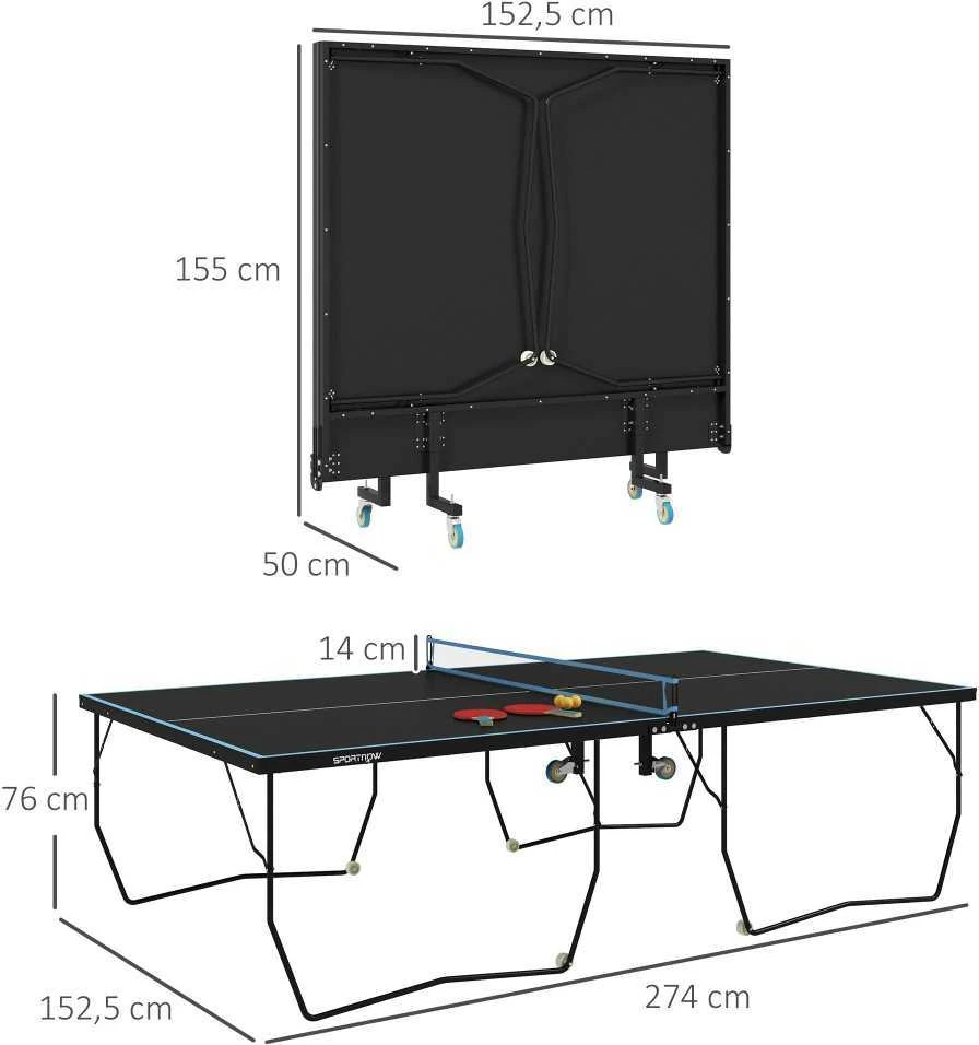 SPORTNOW lauko stalo teniso stalas, sulankstomas stalo teniso stalas su tinkleliu, ratukais, 2 raketėmis ir 3 kamuoliukais, plieno, juodas, 274 x 152,5 x 76 cm