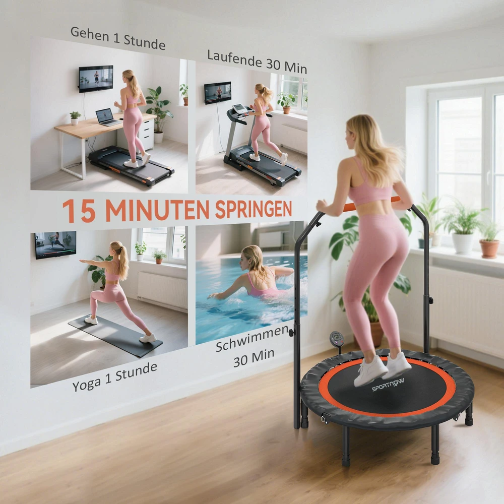 SPORTNOW mini batutas, 102 cm, su LCD monitoriumi, 4 padėčių reguliuojama rankena, iki 100 kg