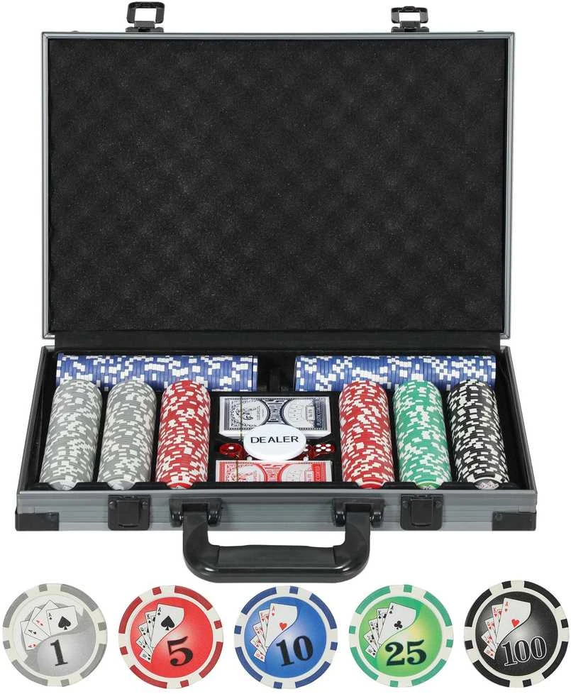 SPORTNOW pokerio lagaminas, pokerio komplektas su 400 žetonų, 11,5 g, 2 kortų kaladėmis, 5 kauliukais, dalintojo žetonu, žaidimų kilimėliu, aliumininiu lagaminu