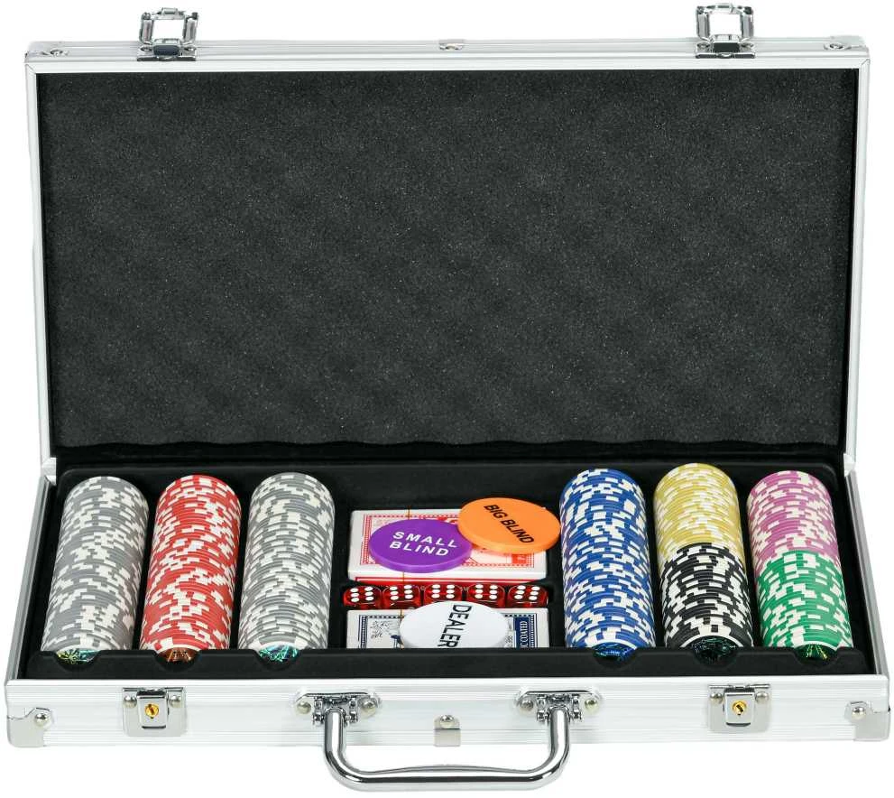 SPORTNOW pokerio rinkinys lagamine, 300 žetonų, 11,5 g, pilnas komplektas, su užraktu, 2 kortų kaladės, 5 kauliukai, dalintojo ir aklų statymų mygtukai, sidabrinis