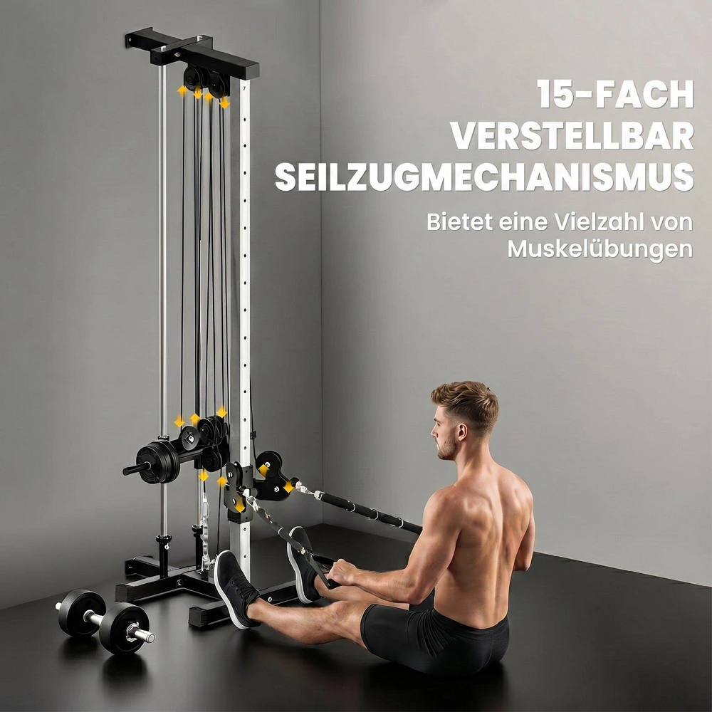 SPORTNOW reguliuojamo aukščio jėgos treniruoklis 25–165 cm su dvigubo skriemulio sistema ir adapteriais, daugiafunkcis treniruoklis iki 120 kg, namų treniruotėms, 62 x 60 x 200 cm, juodas