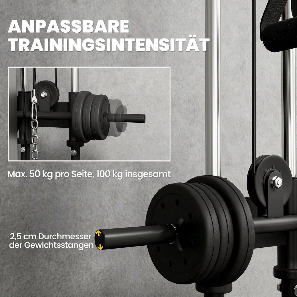 SPORTNOW reguliuojamo aukščio jėgos treniruoklis 25–165 cm su dvigubo skriemulio sistema ir adapteriais, daugiafunkcis treniruoklis iki 120 kg, namų treniruotėms, 62 x 60 x 200 cm, juodas