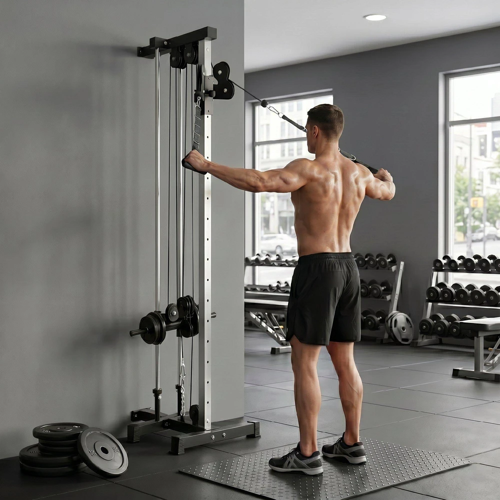SPORTNOW reguliuojamo aukščio jėgos treniruoklis 25–165 cm su dvigubo skriemulio sistema ir adapteriais, daugiafunkcis treniruoklis iki 120 kg, namų treniruotėms, 62 x 60 x 200 cm, juodas