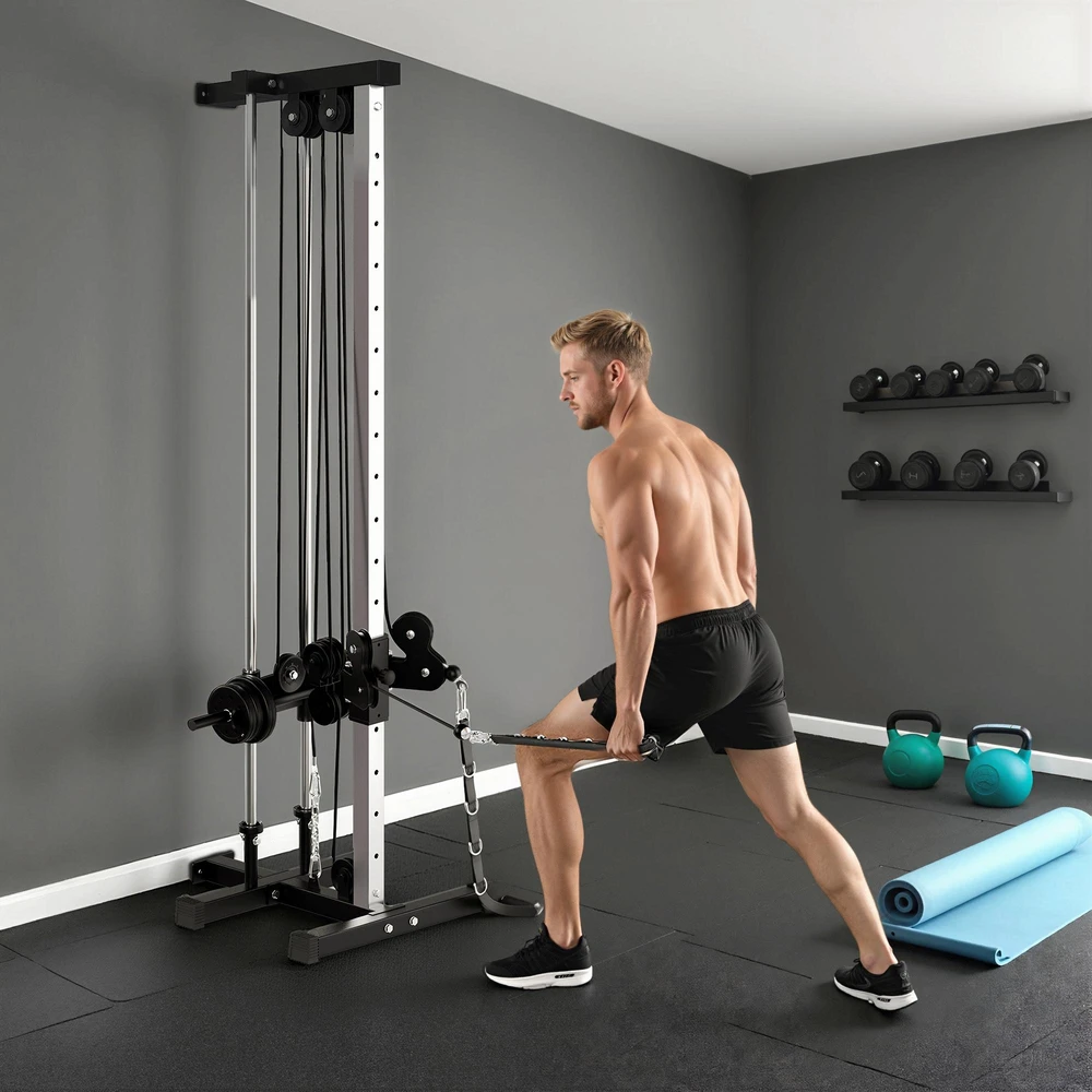 SPORTNOW reguliuojamo aukščio jėgos treniruoklis 25–165 cm su dvigubo skriemulio sistema ir adapteriais, daugiafunkcis treniruoklis iki 120 kg, namų treniruotėms, 62 x 60 x 200 cm, juodas