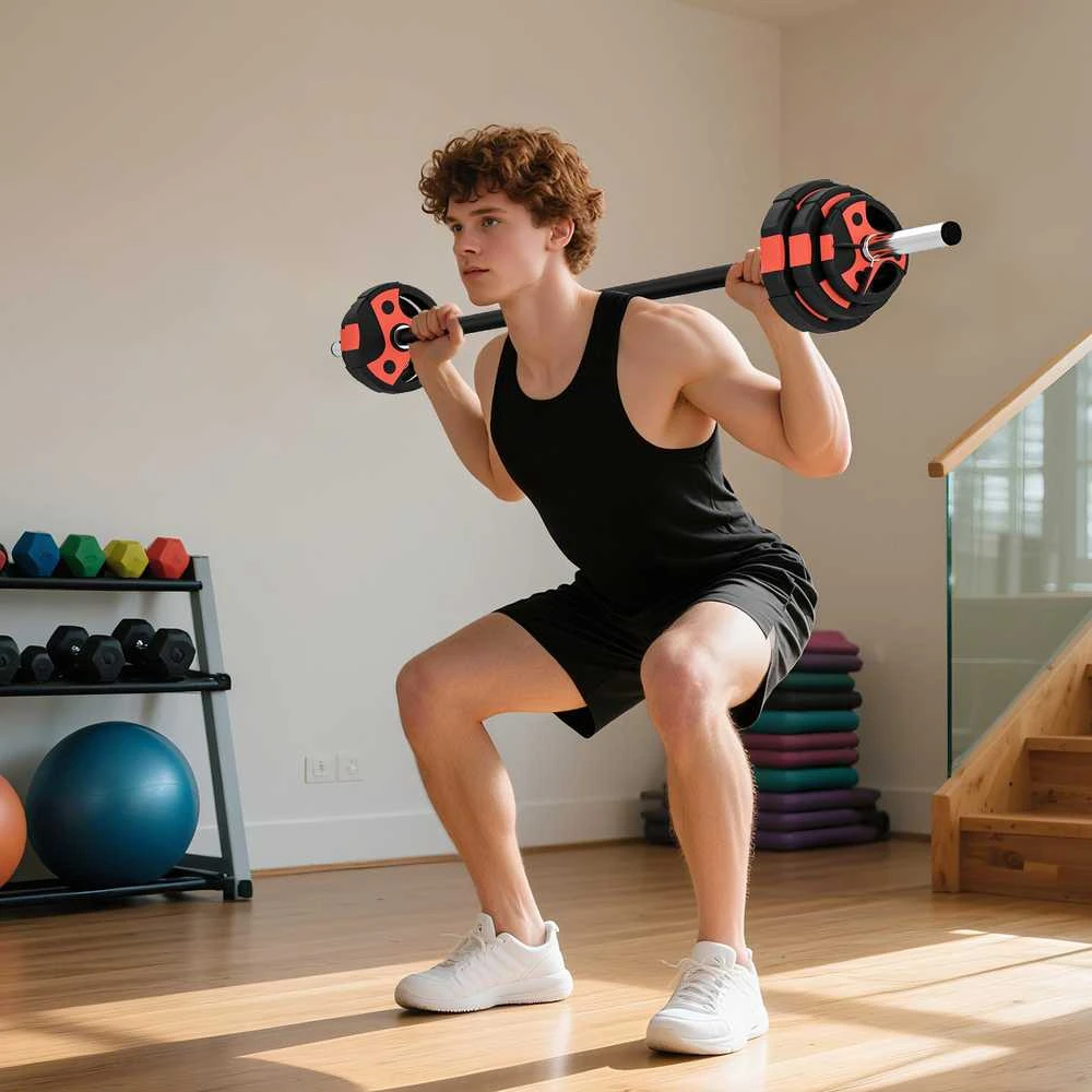 SPORTNOW štangos rinkinys 20 kg, reguliuojamas svorių rinkinys su neslystančia rankena, įskaitant 6 svorius, grindis tausojantis svorių kilnojimo rinkinys namų treniruokliams