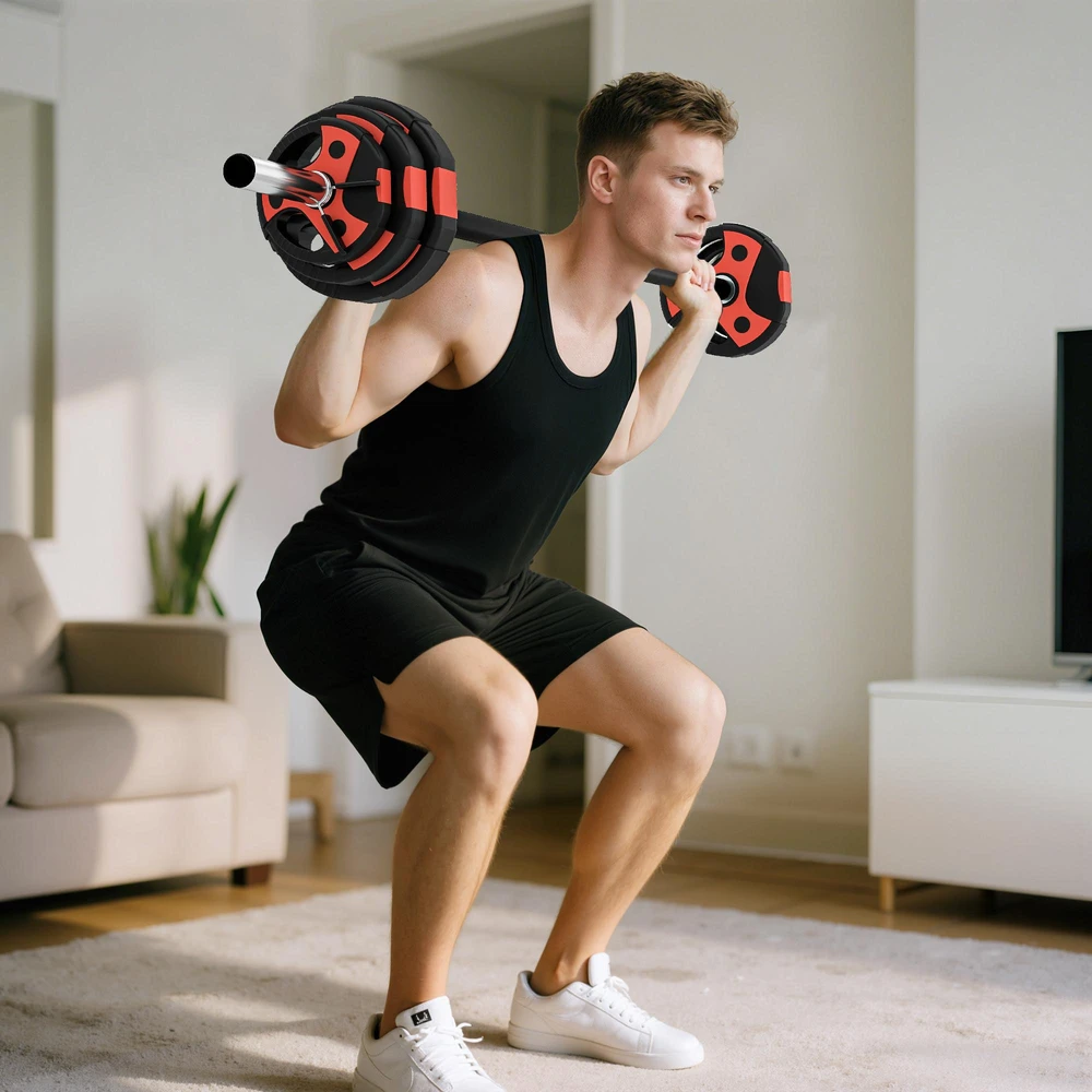 SPORTNOW štangos rinkinys 20 kg, reguliuojamas svorių rinkinys su neslystančia rankena, įskaitant 6 svorius, grindis tausojantis svorių kilnojimo rinkinys namų treniruokliams