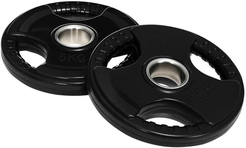 SPORTNOW svorių plokštės, 2 vnt. rinkinys, Tri-Grip, 2 x 5kg, gumuotos olimpinės plokštės, apsaugančios grindis, 5 cm skylė, trys rankenos, jėgos treniruotėms