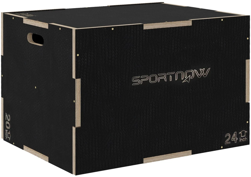 SPORTNOW šuolių dėžė, 3-in-1 plyometrinė medinė dėžė su rankenomis, platforma šuoliams namuose ir sporto salėje, juoda