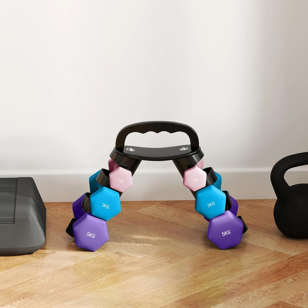 SPORTNOW hantelių rinkinys su laikymo stovu, 6 hantelių rinkinys kūno rengybos treniruotėms, 2 x 1kg, 2 x 3kg, 2 x 5kg
