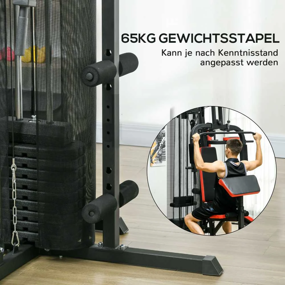 SPORTNOW jėgos treniruoklis, daugiafunkcinė treniruočių stotelė su peteliškės ir lat treniruokliu, skersiniu, krūtinės presu, suoliuku pilvo presui, treniruoklis su 65 kg svorių blokais namams, juodas