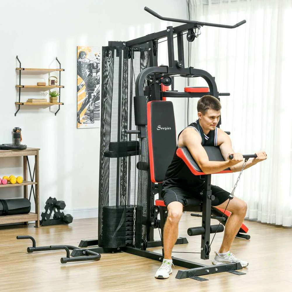 SPORTNOW jėgos treniruoklis, daugiafunkcinė treniruočių stotelė su peteliškės ir lat treniruokliu, skersiniu, krūtinės presu, suoliuku pilvo presui, treniruoklis su 65 kg svorių blokais namams, juodas