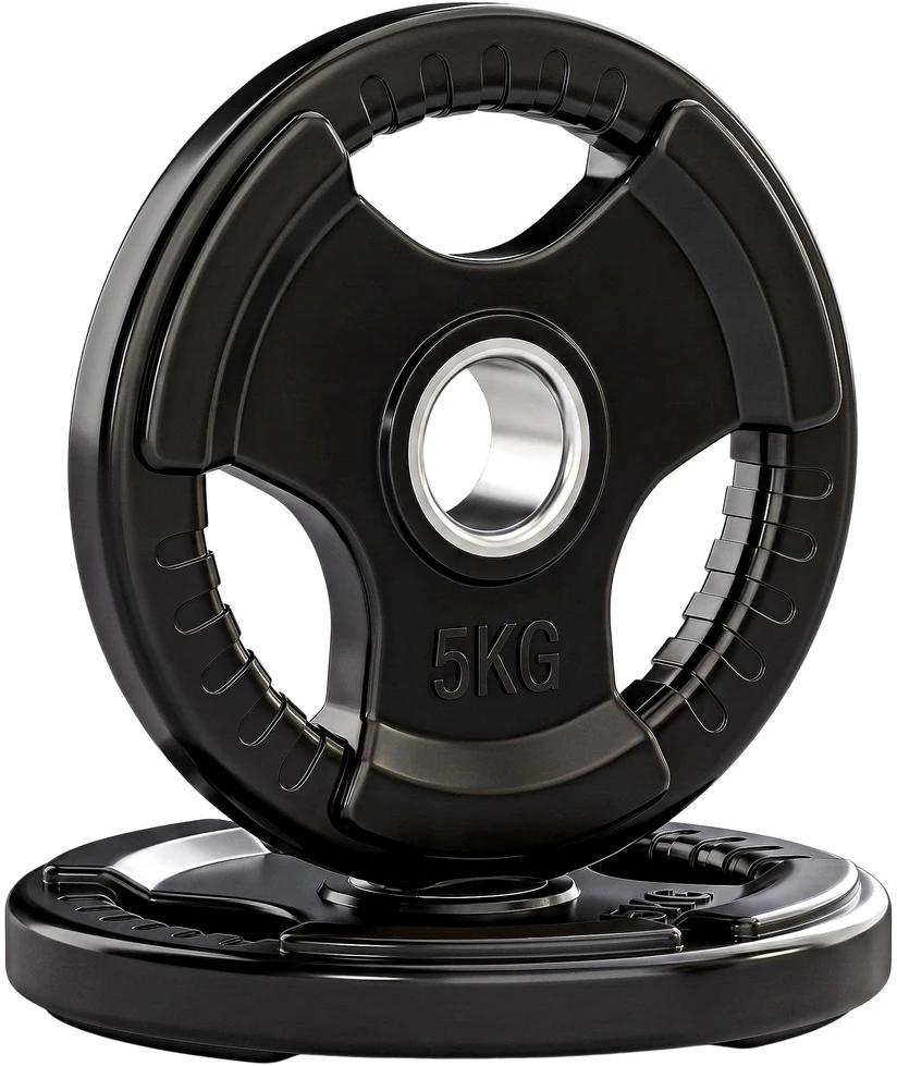 SPORTNOW svorių plokštės, 2 vnt. rinkinys, Tri-Grip, 2 x 5kg, gumuotos olimpinės plokštės, apsaugančios grindis, 5 cm skylė, trys rankenos, jėgos treniruotėms