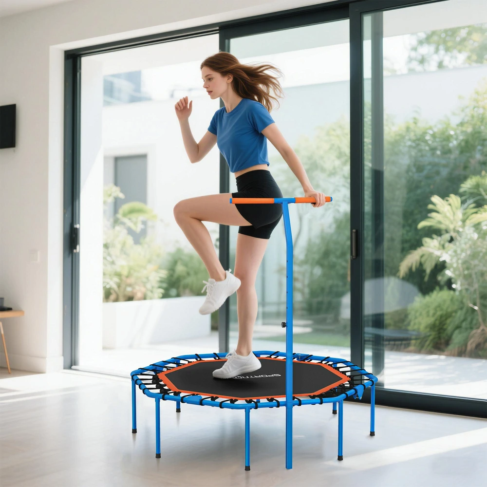 SPORTNOW treniruočių batutas, fitneso batutas su reguliuojama rankena, stabilus ir tylus, naudojimui patalpose, plieno, mėlynas