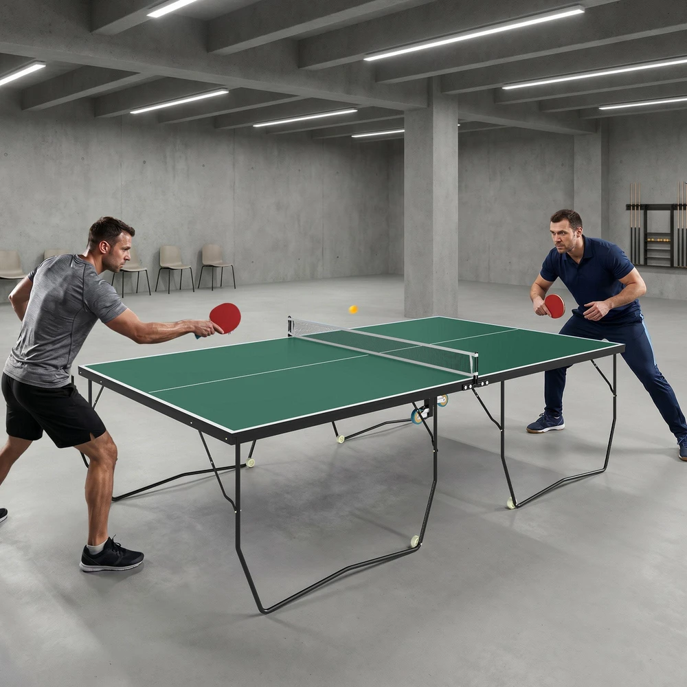 SPORTNOW vidaus stalo teniso stalas su ratukais, sulankstomas, stalo teniso rinkinys su 2 raketėmis ir 3 kamuoliukais, plieno, žalias