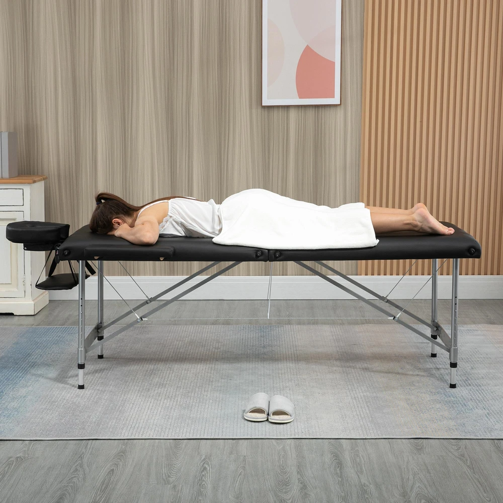 Sulankstoma masažo lova HOMCOM, profesionalus 7 zonų masažo stalas, reguliuojamo aukščio, išlaikantis iki 130 kg svorį, idealiai tinka SPA ir salonams, juoda