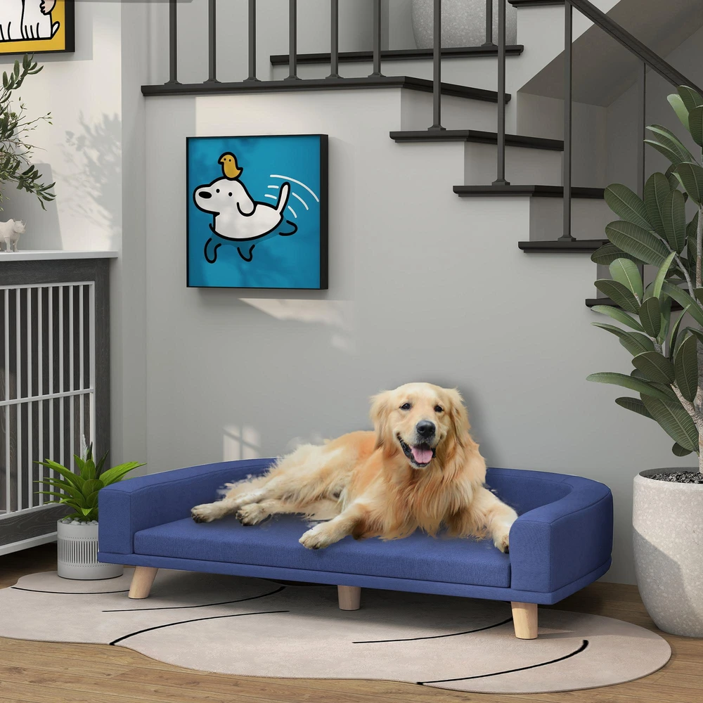 Šunų lova, šunų sofa, naminių gyvūnėlių sofa, eukalipto mediena, 98 x 67 x 25 cm, mėlyna