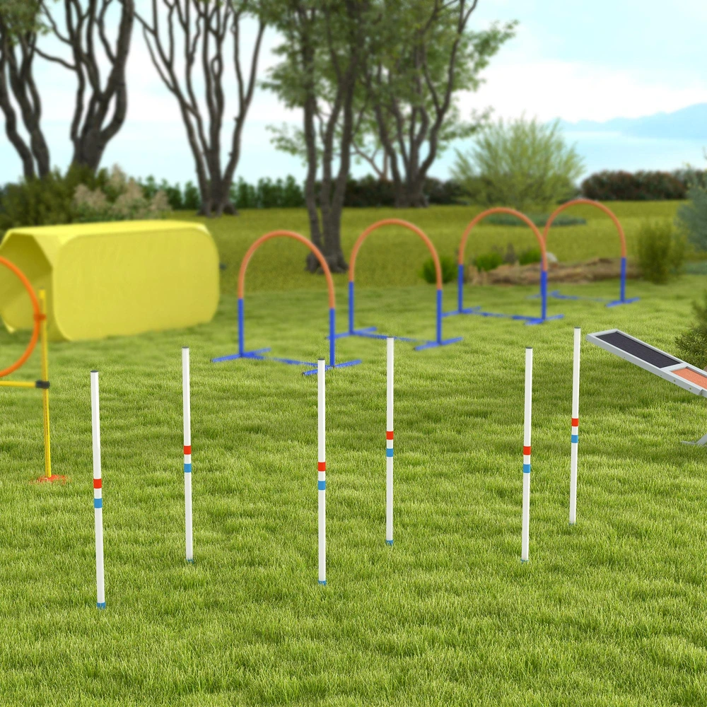 PawHut šunų slalomo stulpų agility treniruočių rinkinys su 600D krepšiu, polietileno plastikas, balta ir mėlyna spalvos, 305 x 60 x 94 cm