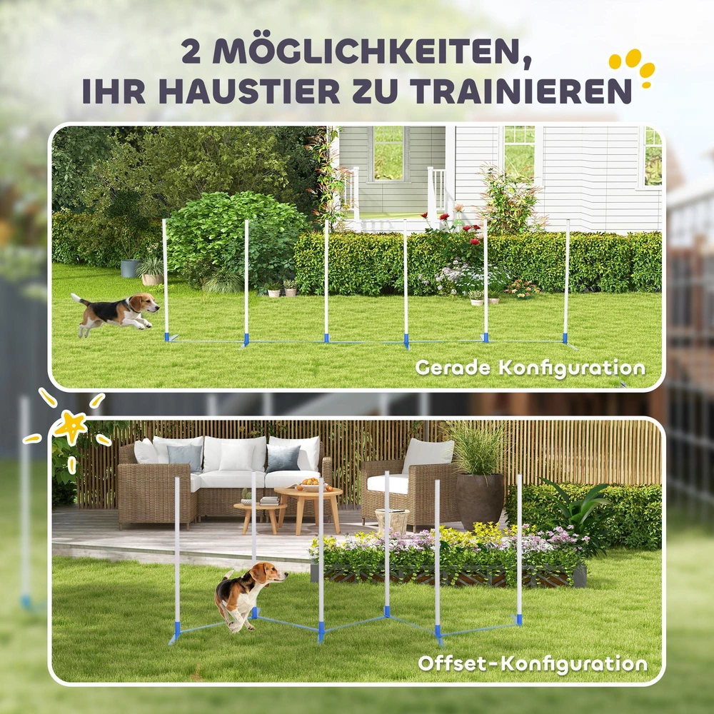 PawHut šunų slalomo stulpų agility treniruočių rinkinys su 600D krepšiu, polietileno plastikas, balta ir mėlyna spalvos, 305 x 60 x 94 cm