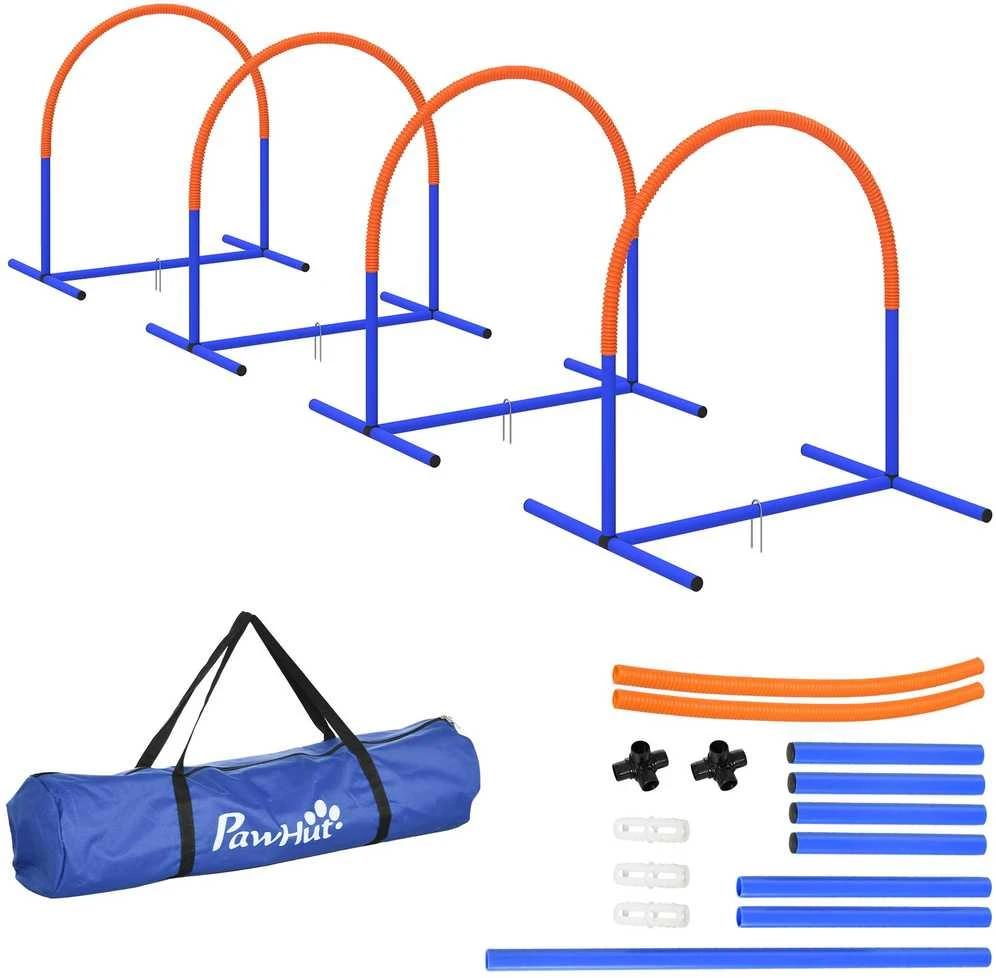 PawHut šunų dresūros įranga, šunų „Agility“ rinkinys, 4 dalių dresūros rinkinys su krepšiu, mėlyna ir oranžinė, 88 x 64 x 95 cm
