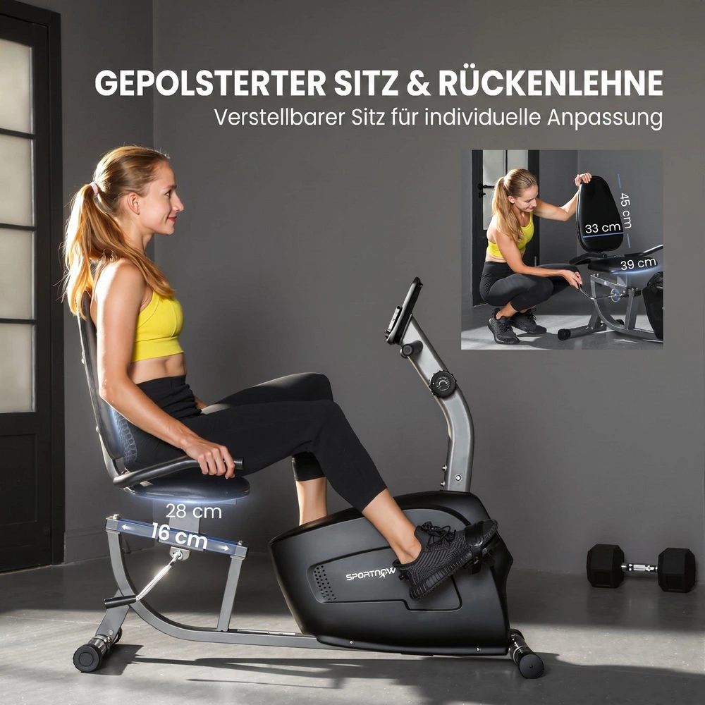 Treniruoklis, magnetinis horizontalus dviratis, 8 pasipriešinimo lygiai, reguliuojamas, LCD monitorius, metalas, plastikas, juodas