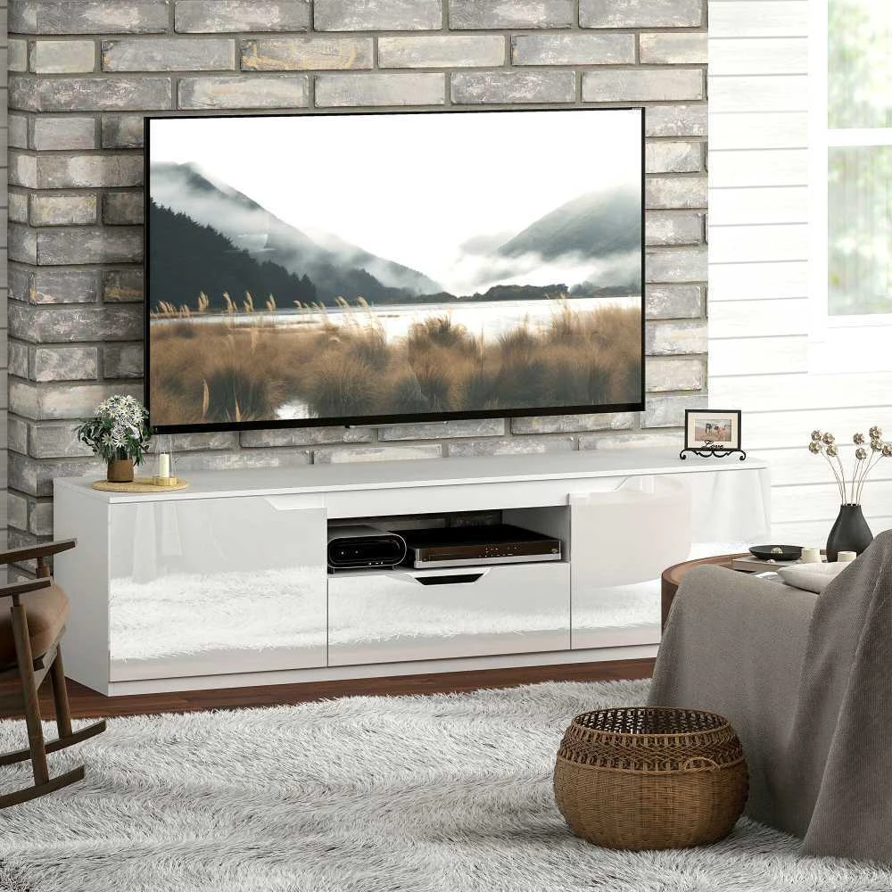TV staliukas HOMCOM TV spintelė su 2 durelėmis, stalčiumi, 160 cm ilgio, televizoriams iki 65 colių, balta