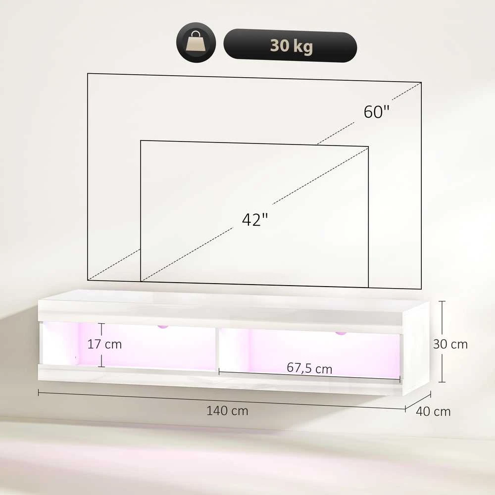 TV staliukas HOMCOM TV spintelė, pakabinama TV komoda su RGB LED apšvietimu (16 spalvų), TV stovas su atvira erdve daiktams, 55–60 colių televizoriams, svetainei, miegamajam, 140 x 40 x 30 cm, blizgi balta