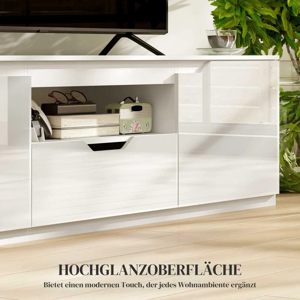 TV staliukas HOMCOM TV spintelė su 2 durelėmis, stalčiumi, 160 cm ilgio, televizoriams iki 65 colių, balta