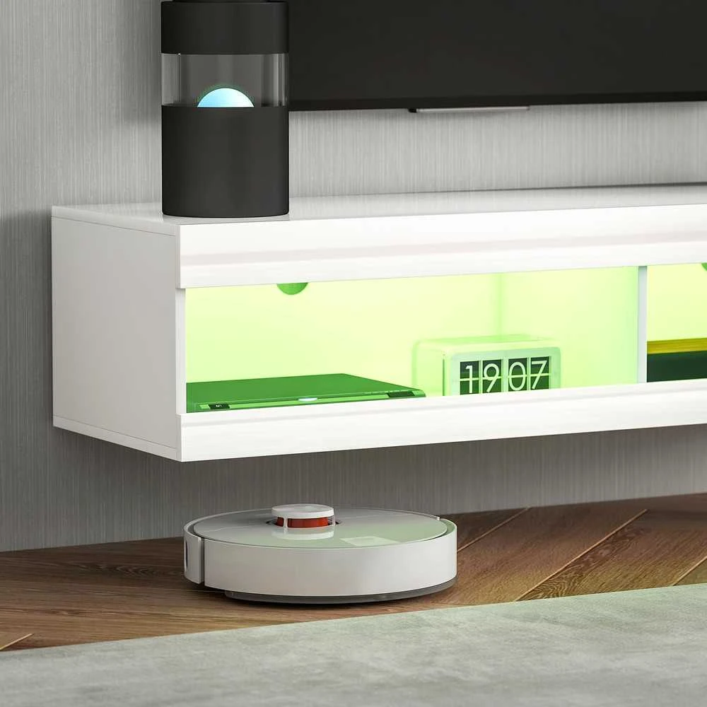 TV staliukas HOMCOM TV spintelė, pakabinama TV komoda su RGB LED apšvietimu (16 spalvų), TV stovas su atvira erdve daiktams, 55–60 colių televizoriams, svetainei, miegamajam, 140 x 40 x 30 cm, blizgi balta