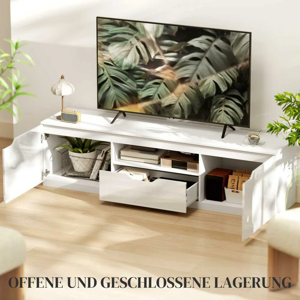 TV staliukas HOMCOM TV spintelė su 2 durelėmis, stalčiumi, 160 cm ilgio, televizoriams iki 65 colių, balta