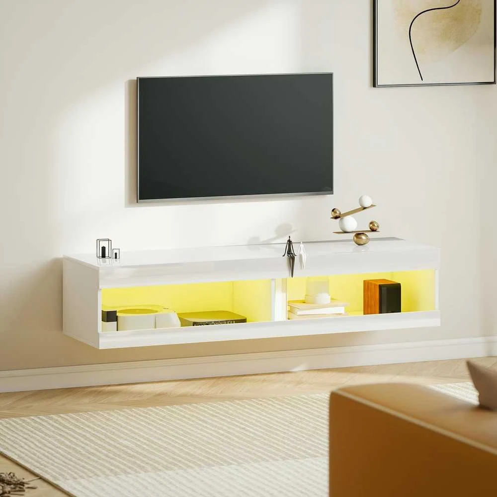 TV staliukas HOMCOM TV spintelė, pakabinama TV komoda su RGB LED apšvietimu (16 spalvų), TV stovas su atvira erdve daiktams, 55–60 colių televizoriams, svetainei, miegamajam, 140 x 40 x 30 cm, blizgi balta