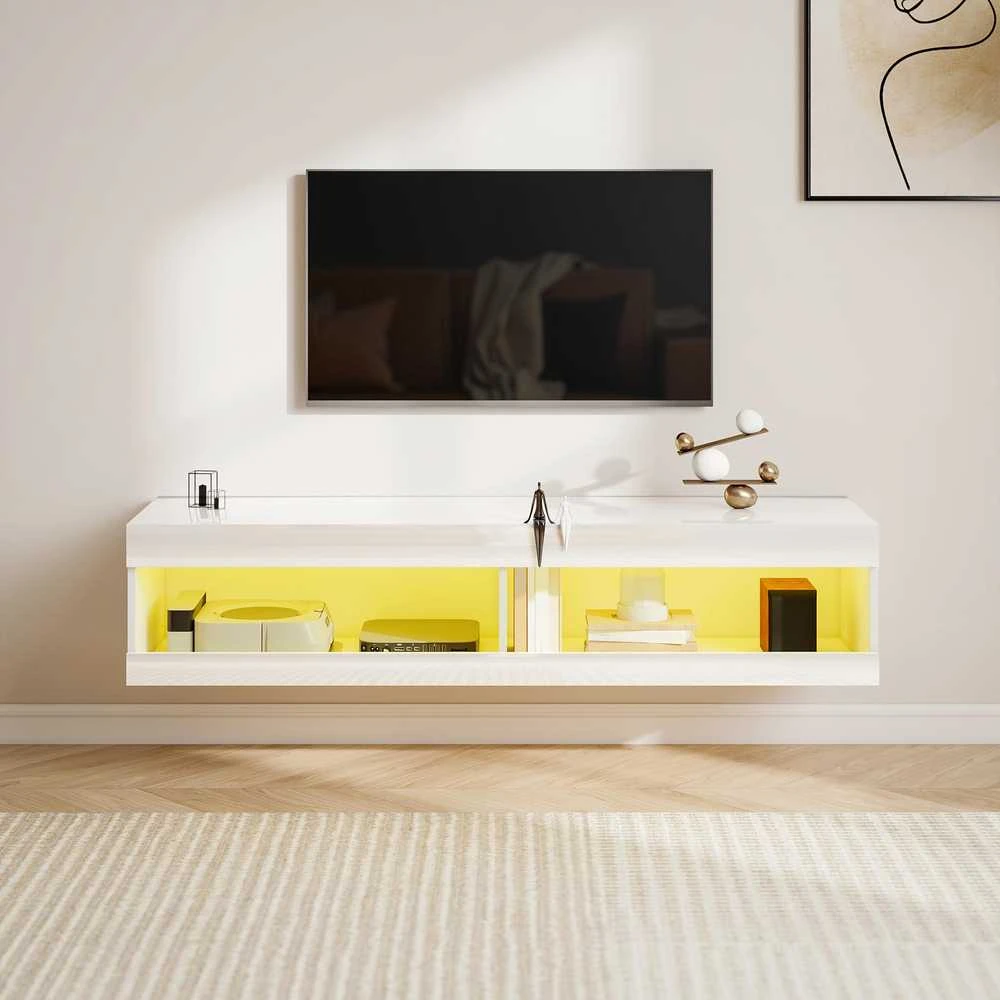 TV staliukas HOMCOM TV spintelė, pakabinama TV komoda su RGB LED apšvietimu (16 spalvų), TV stovas su atvira erdve daiktams, 55–60 colių televizoriams, svetainei, miegamajam, 140 x 40 x 30 cm, blizgi balta