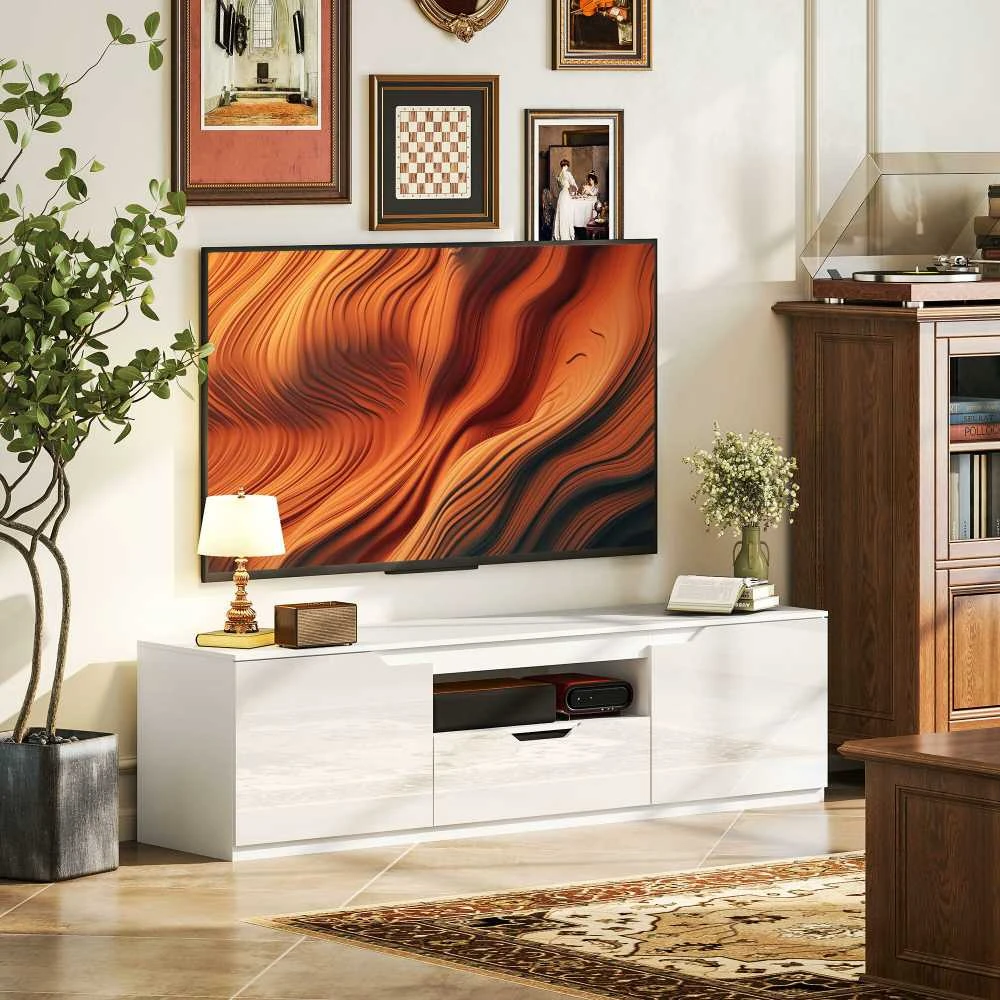 TV staliukas HOMCOM TV spintelė su 2 durelėmis, stalčiumi, 160 cm ilgio, televizoriams iki 65 colių, balta