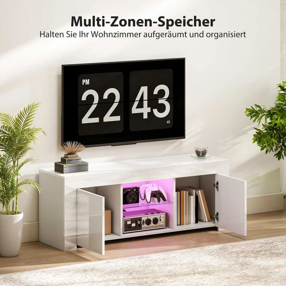 TV staliukas HOMCOM TV komoda su LED apšvietimu, 2 durelės, stiklinė lentyna, kabelių angos, svetainei, medžio drožlių plokštė, balta