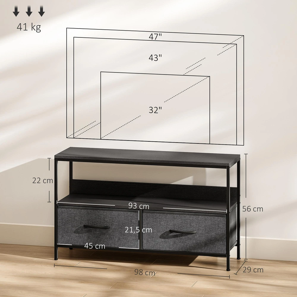 TV staliukas su 2 stalčiais, atvira niša, skirta televizoriams iki 47 colių, 98 x 29 x 56 cm, Juoda+Tamsiai pilka