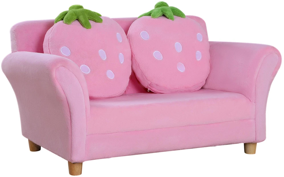 Vaikiška sofa HOMCOM „Braškė“ – patogi sofa ir fotelis vaiko kambariui, minkšta dvivietė sofa, vienvietė sofa, vaikiška kėdė