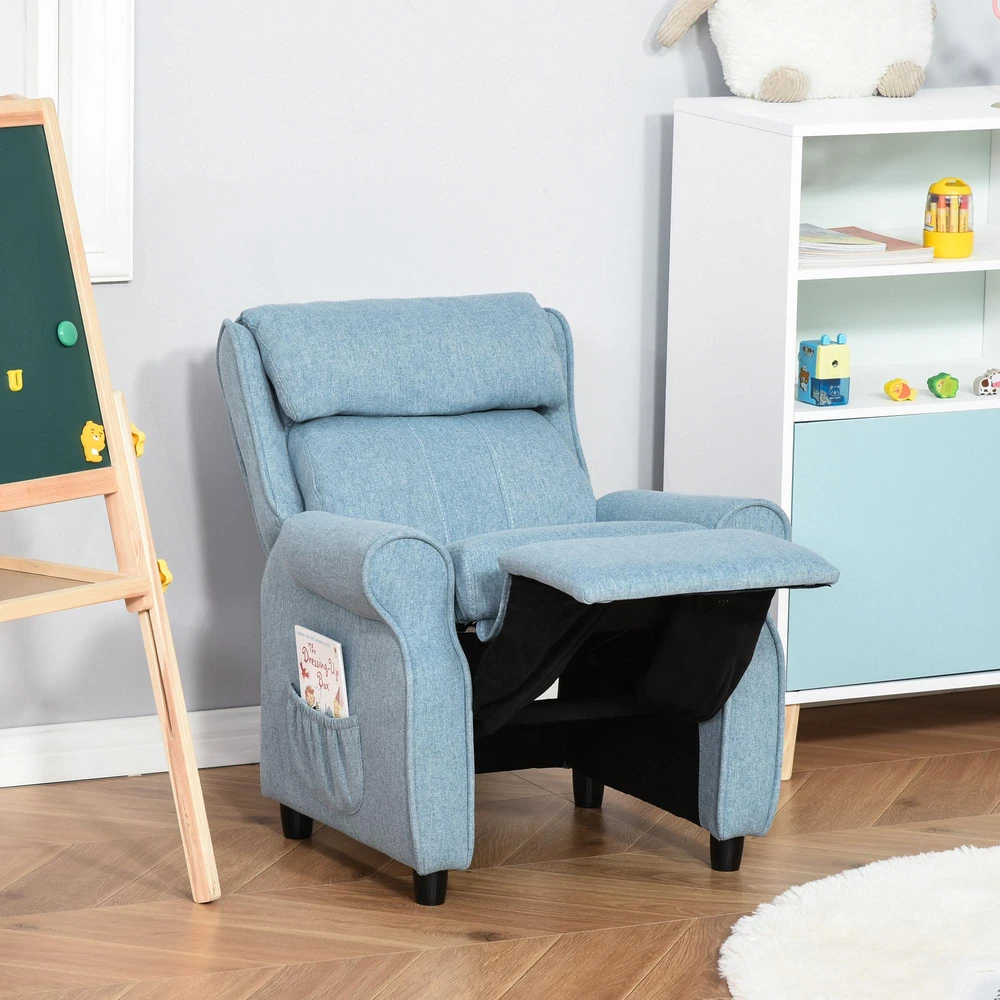 Vaikiška sofa HOMCOM, vaikiška kėdutė su reguliuojama atlošimo funkcija ir pakoja, mėlyna, 3–5 metų vaikams, 58x53x70 cm