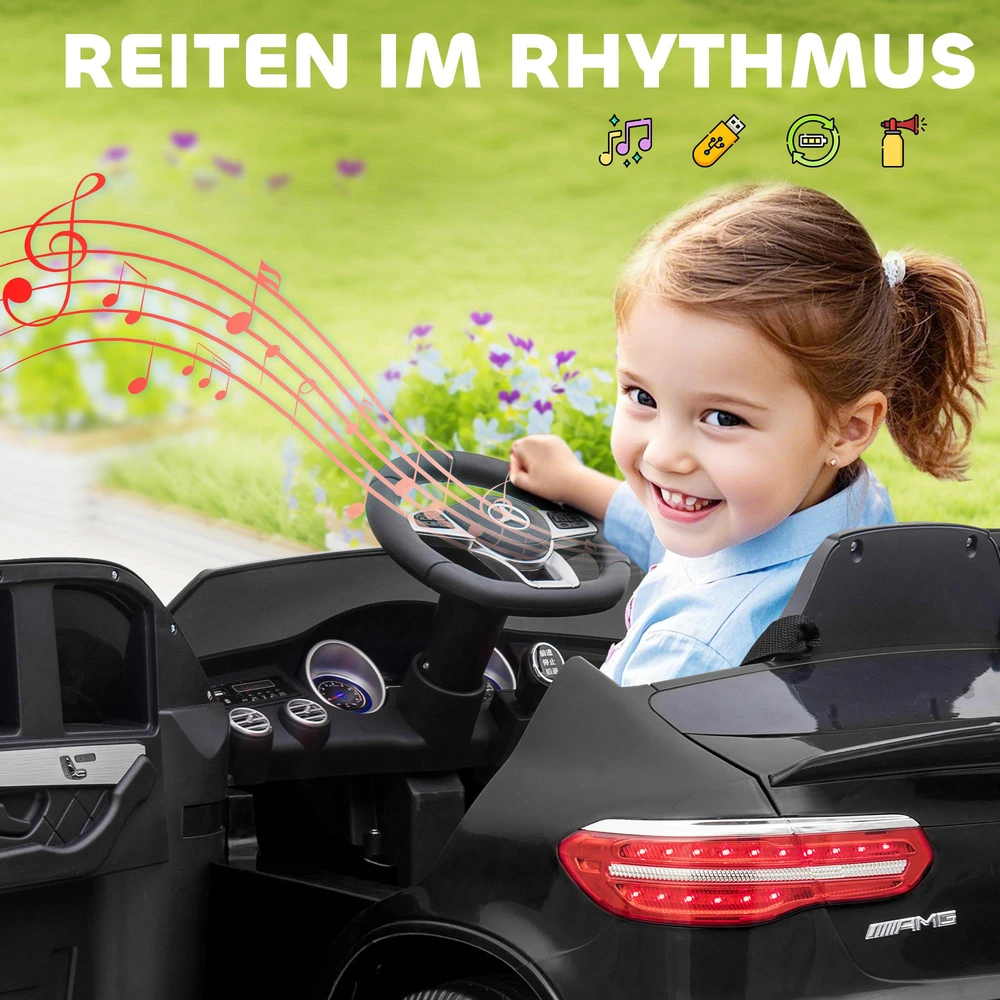 Vaikiškas automobilis HOMCOM Mercedes-Benz AMG GLA45, licencijuotas elektromobilis su nuotolinio valdymo pulteliu, 2 x 35 W varikliai, MP3, saugos diržas, 37–60 mėn., juodas