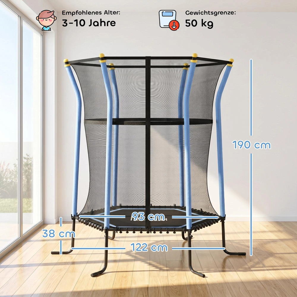 Vaikiškas batutas HOMCOM Ø163,5 cm, vidaus batutas su apsauginiu tinklu, kraštų apdaila ir elastine virve, iki 50 kg, 3-10 metų vaikams, mėlynas
