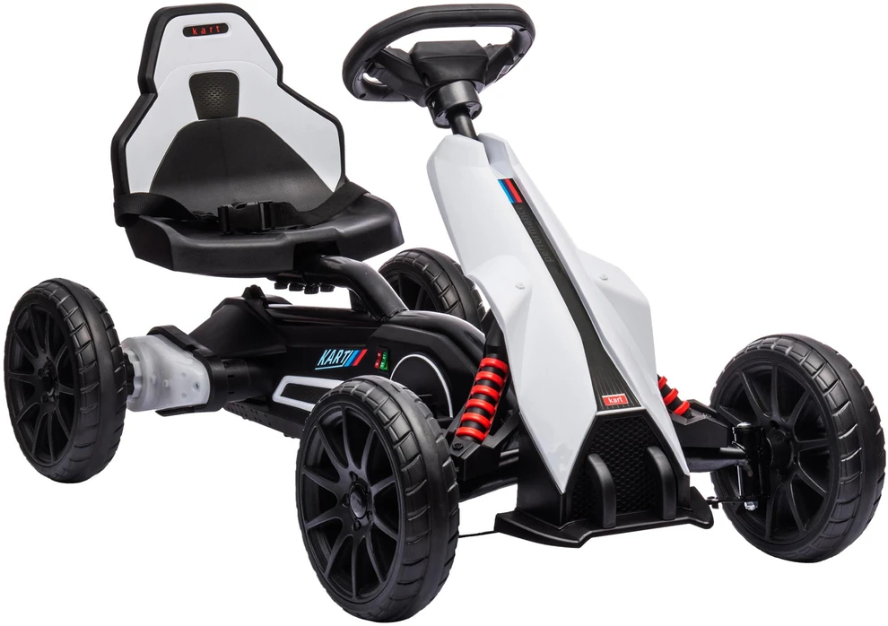 Vaikiškas elektrinis kartingas HOMCOM, 12 V, 3–5 km/h, drifto kartas su 2 reguliuojamais režimais, saugos diržu, vairu, vaikiška transporto priemonė 3–8 metų vaikams, baltas