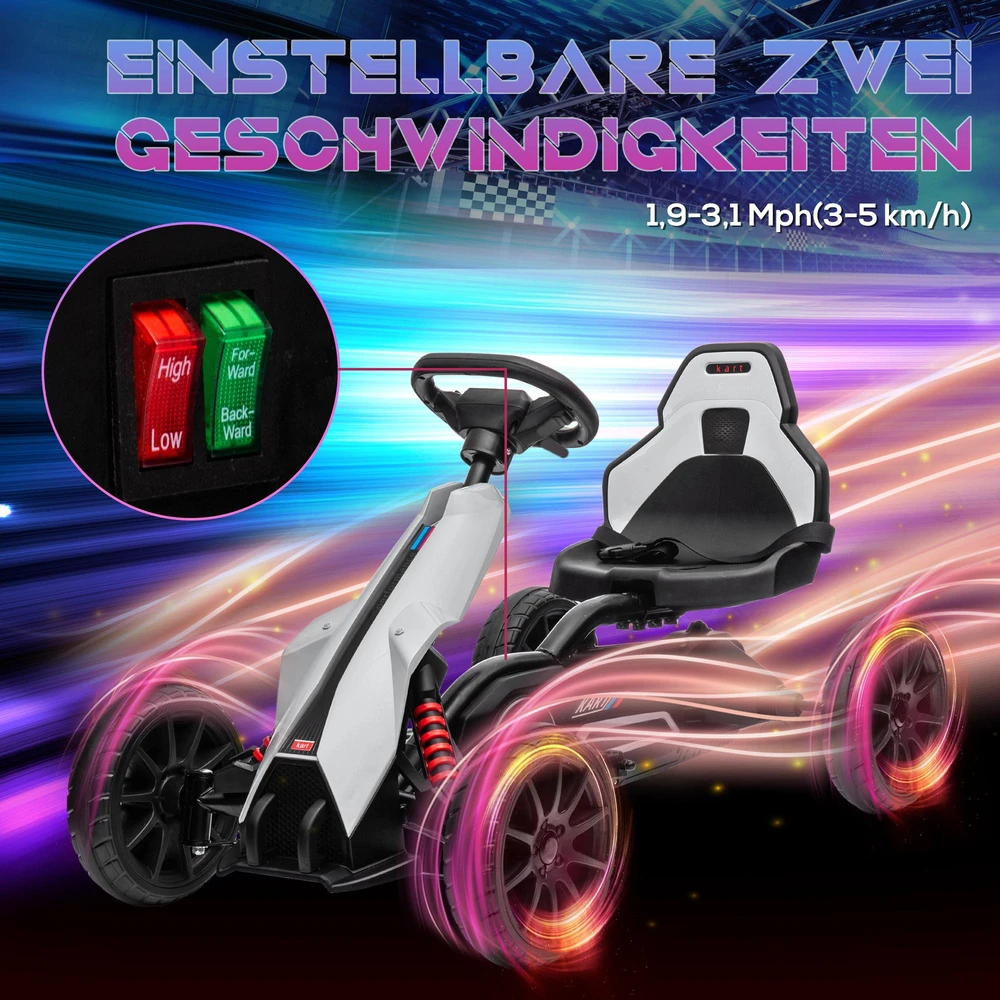 Vaikiškas elektrinis kartingas HOMCOM, 12 V, 3–5 km/h, drifto kartas su 2 reguliuojamais režimais, saugos diržu, vairu, vaikiška transporto priemonė 3–8 metų vaikams, baltas