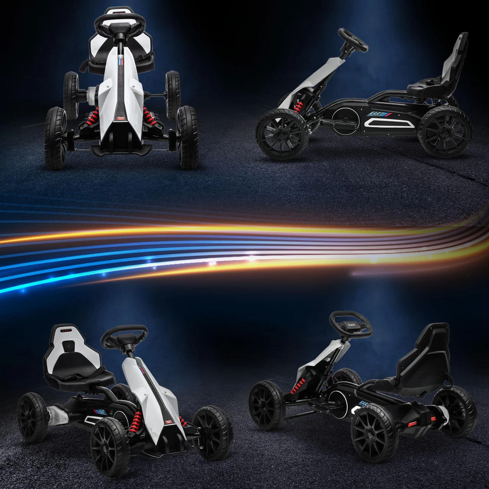 Vaikiškas elektrinis kartingas HOMCOM, 12 V, 3–5 km/h, drifto kartas su 2 reguliuojamais režimais, saugos diržu, vairu, vaikiška transporto priemonė 3–8 metų vaikams, baltas