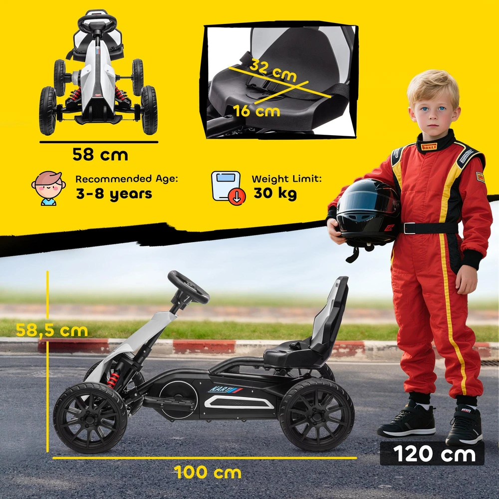 Vaikiškas elektrinis kartingas HOMCOM, 12 V, 3–5 km/h, drifto kartas su 2 reguliuojamais režimais, saugos diržu, vairu, vaikiška transporto priemonė 3–8 metų vaikams, baltas
