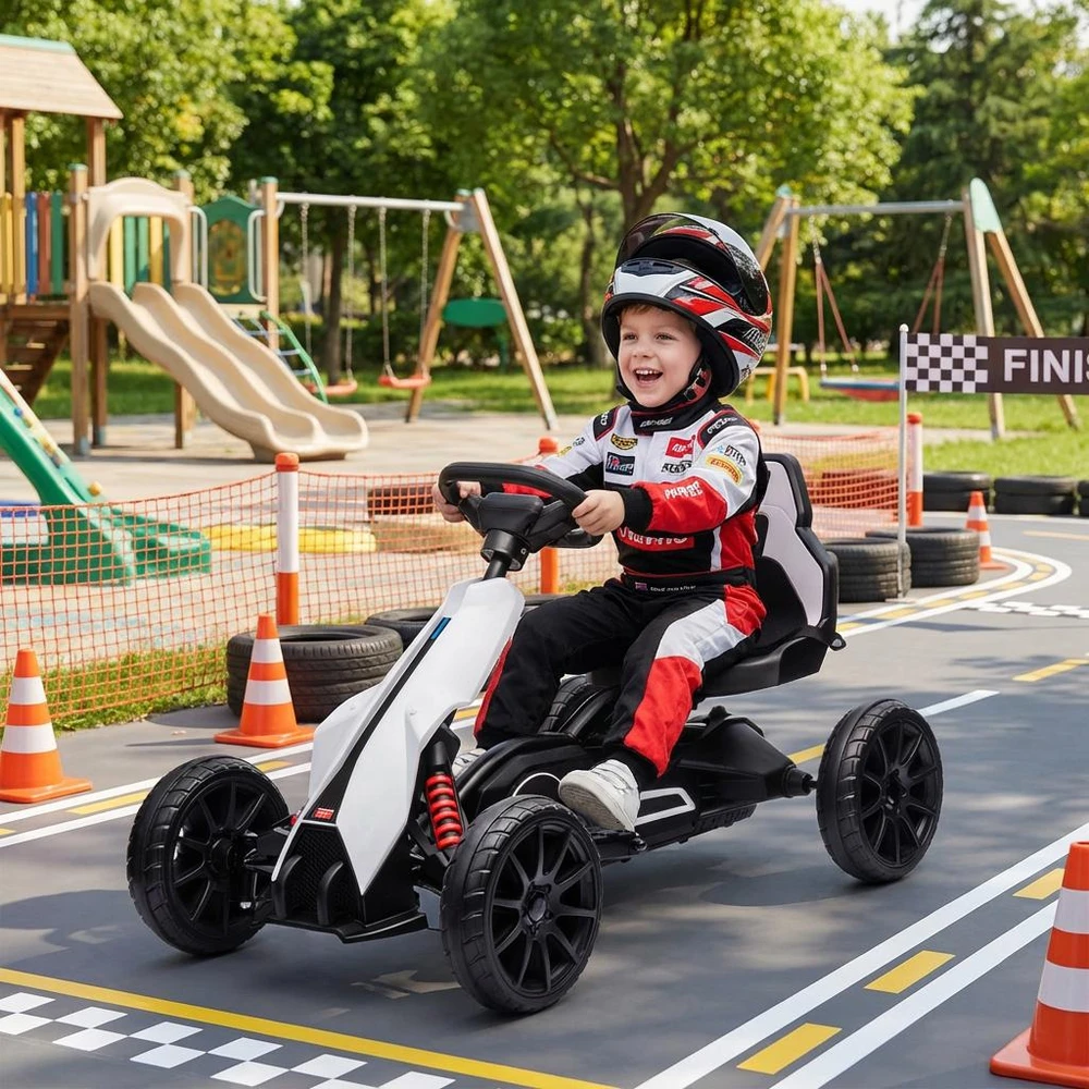 Vaikiškas elektrinis kartingas HOMCOM, 12 V, 3–5 km/h, drifto kartas su 2 reguliuojamais režimais, saugos diržu, vairu, vaikiška transporto priemonė 3–8 metų vaikams, baltas